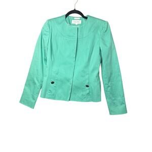 Calvin Klein Linen Blend Collarless Suit Blazer Aqua Green Workwear Women Size 2